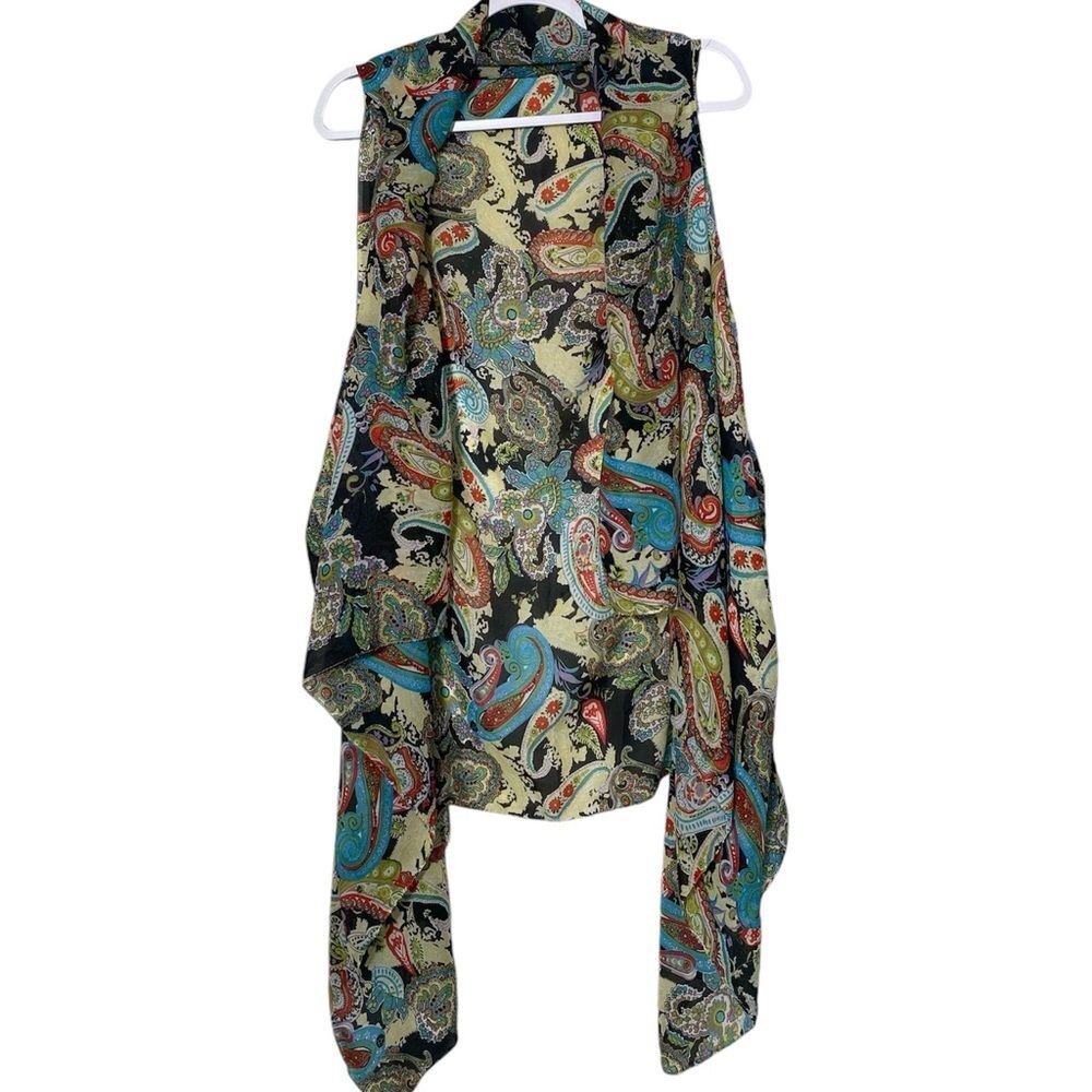 Women's Boho Sheer Floral Paisley Print Draped Asymmetrical Vest Cardigan